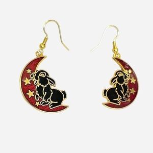 Vintage 90s Celestial Moon & Rabbit Cloisonné Earrings